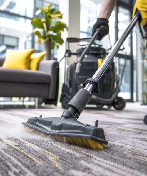 Industrial vacuum cleaner used by professional cleaners on office carpet. Expert rug care in office environment. Concept of commercial cleaning service, expert maintenance, office sanitation.